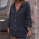 Camisa Linho de Manga Média com Design de Patchwork Vazado