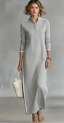 Vestido Margô com Gola Polo, Listras Laterais e Modelagem Longa