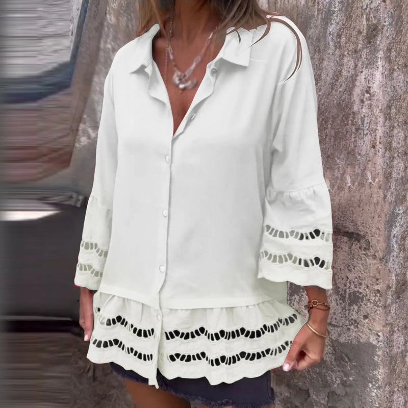 Camisa Linho de Manga Média com Design de Patchwork Vazado