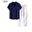 Camisa de Manga Curta com Gola Alta e Calça de Linho de Perna Reta