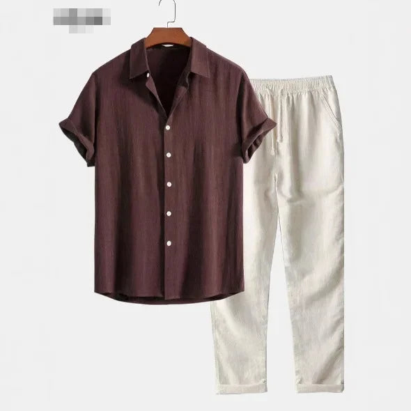 Camisa de Manga Curta com Gola Alta e Calça de Linho de Perna Reta