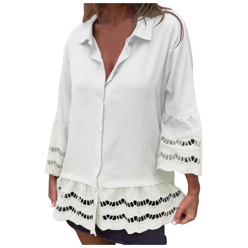 Camisa Linho de Manga Média com Design de Patchwork Vazado