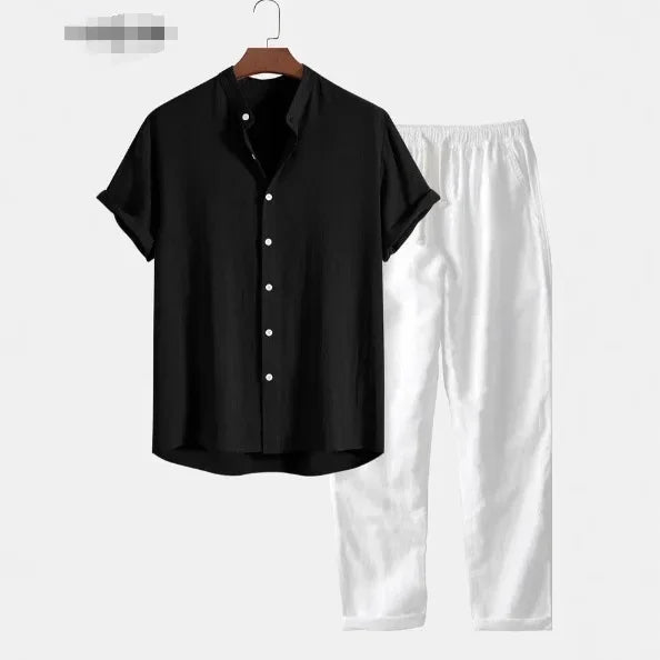 Camisa de Manga Curta com Gola Alta e Calça de Linho de Perna Reta