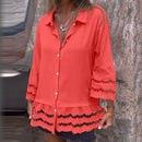 Camisa Linho de Manga Média com Design de Patchwork Vazado