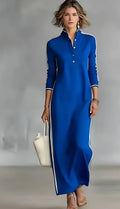 Vestido Margô com Gola Polo, Listras Laterais e Modelagem Longa
