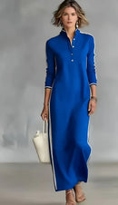 Vestido Margô com Gola Polo, Listras Laterais e Modelagem Longa