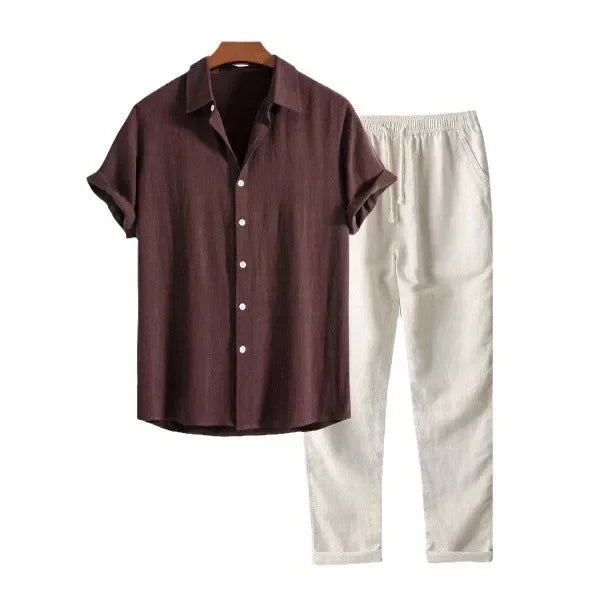 Camisa de Manga Curta com Gola Alta e Calça de Linho de Perna Reta